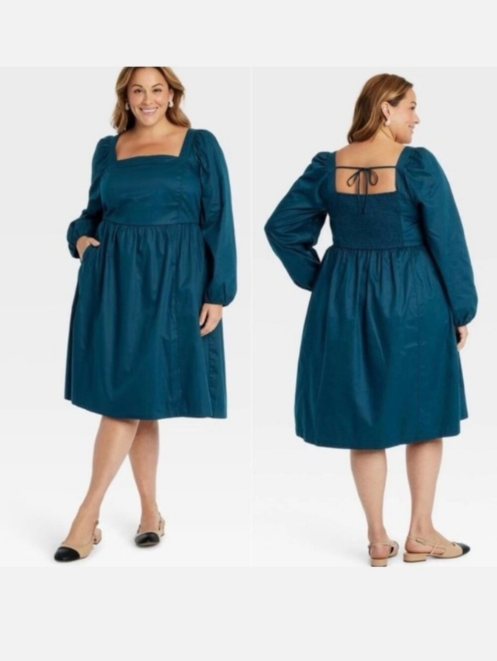 1x Dress New Plus Size Teal Square-Neck Puff Sleeve Womens Pockets